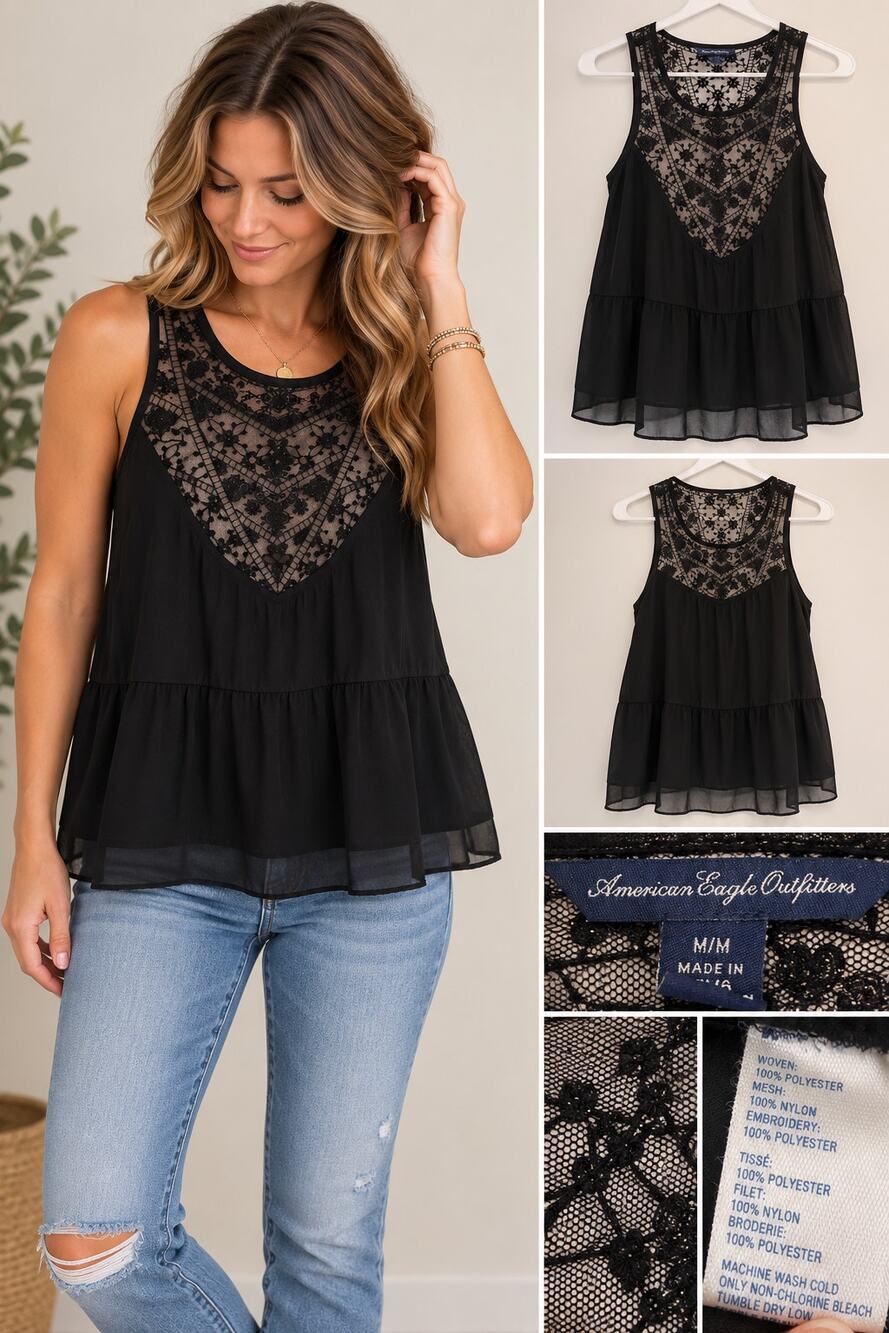 American Eagle Black Lace Yoke Tiered Sleeveless Blouse Top M